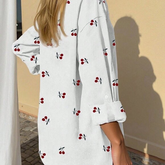 White Casual Women's Cherry Print Vacation button down Shirt - Picture 2 of 7